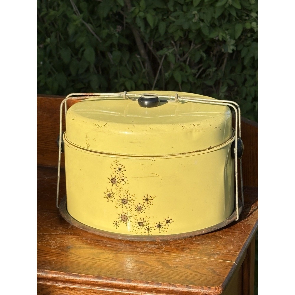 Vintage Cake And Pie Carrier MCM Atomic Starburst 1950's Yellow Metal Americana